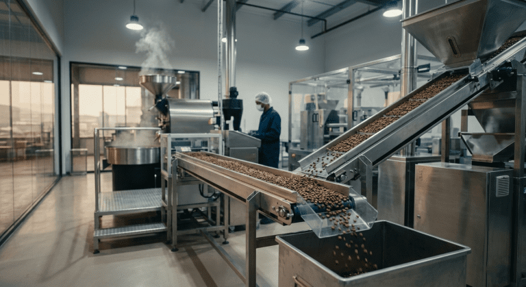 showing how coffee is manufactured in an assembly line in a factory