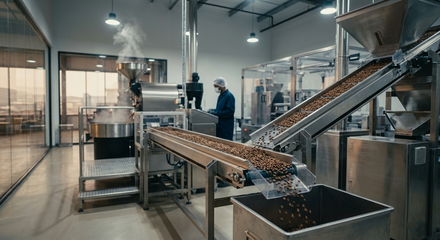 showing how coffee is manufactured in an assembly line in a factory