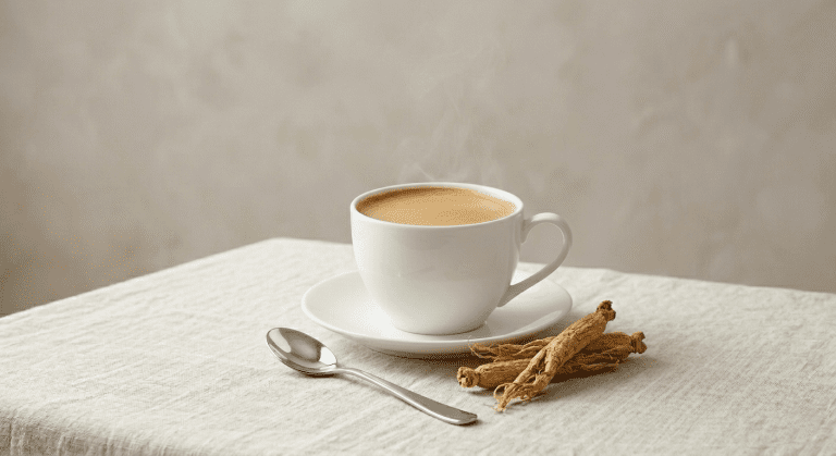 Ginseng coffee in a cup with ginseng beside the cup on the table