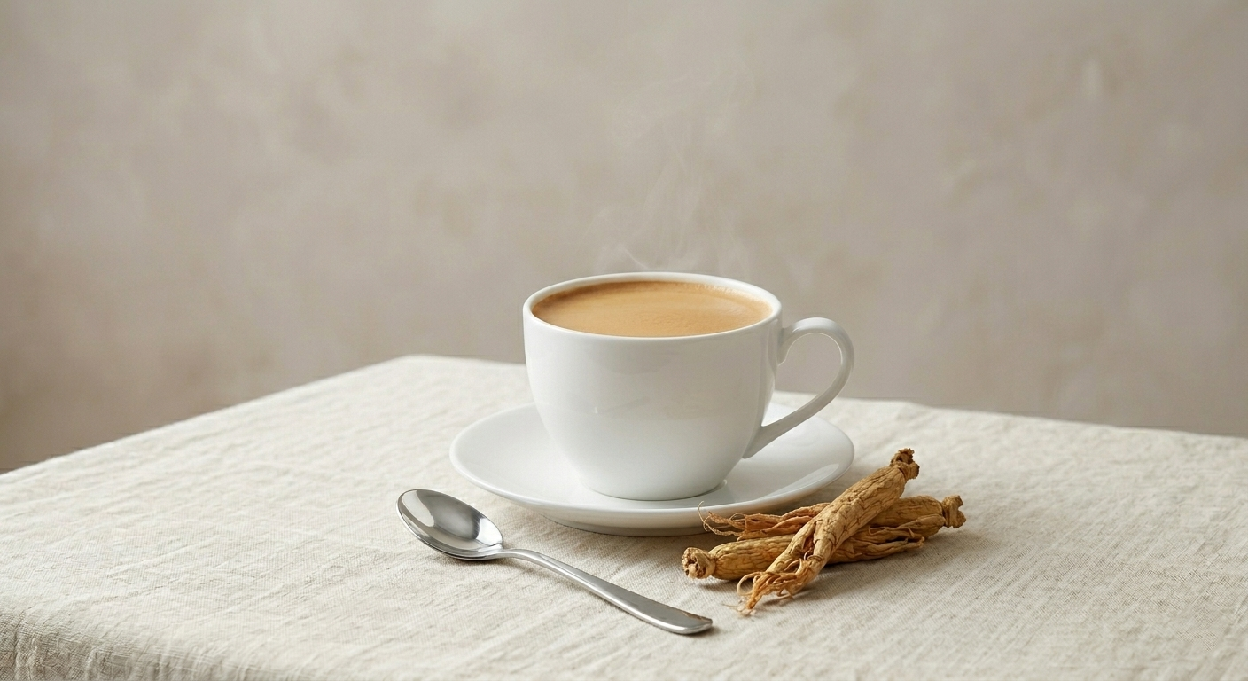 Ginseng coffee in a cup with ginseng beside the cup on the table