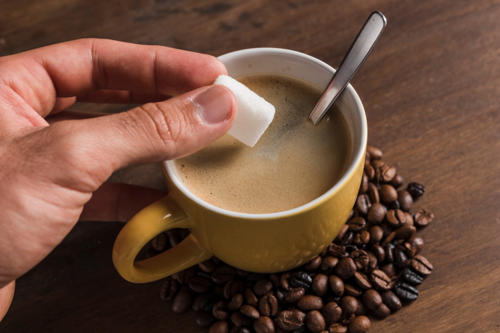 Hand holding a sugar cube above a cup of coffee in malaysia