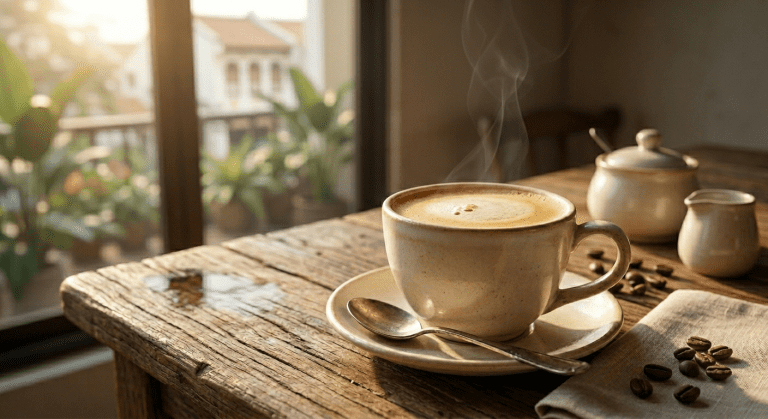 White coffee in a cup on a wooden table with good scenery