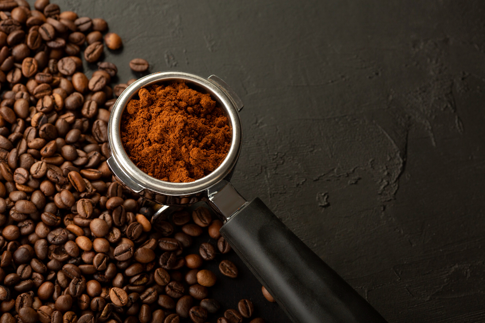 premium coffee grinds in an espresso portafilter in Malaysia