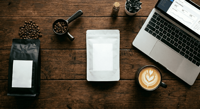 coffee beans in package, blank label package and a laptop showing business plan