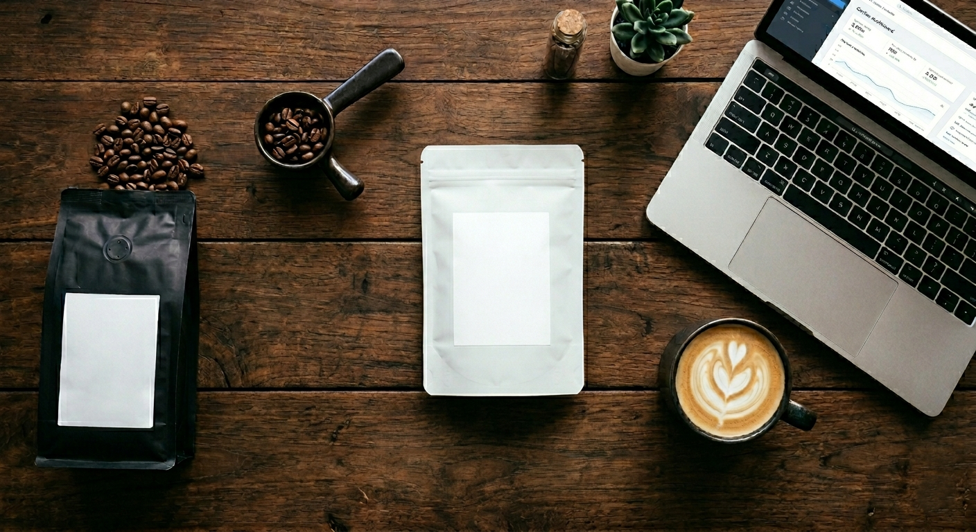 coffee beans in package, blank label package and a laptop showing business plan